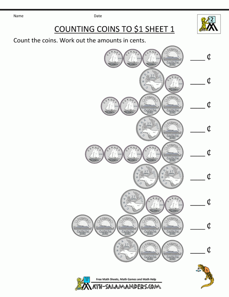 Canadian Money Worksheets Counting Canadian Coins To 1 Dollar 1 Money 