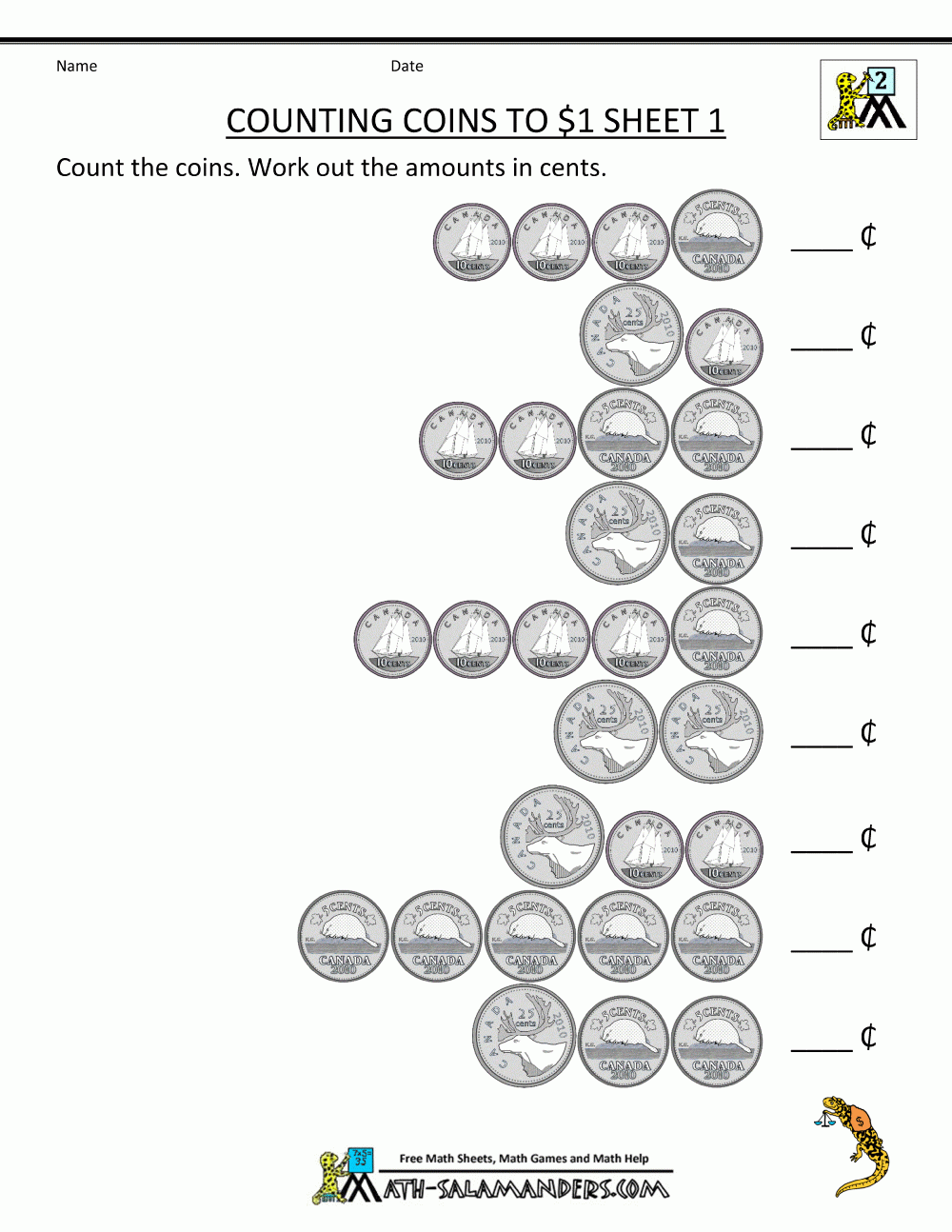 Free Counting Canadian Money Worksheets - CountingWorksheets.com