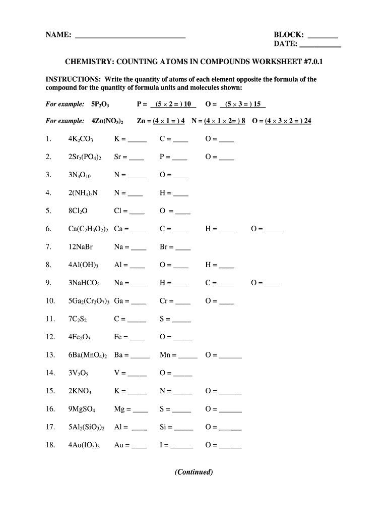 Chemistry Counting Atoms In Compounds Worksheet 7 0 1 Fill And Sign