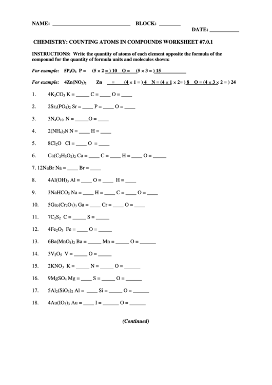 Chemistry Counting Atoms In Compounds Worksheet Printable Pdf Download