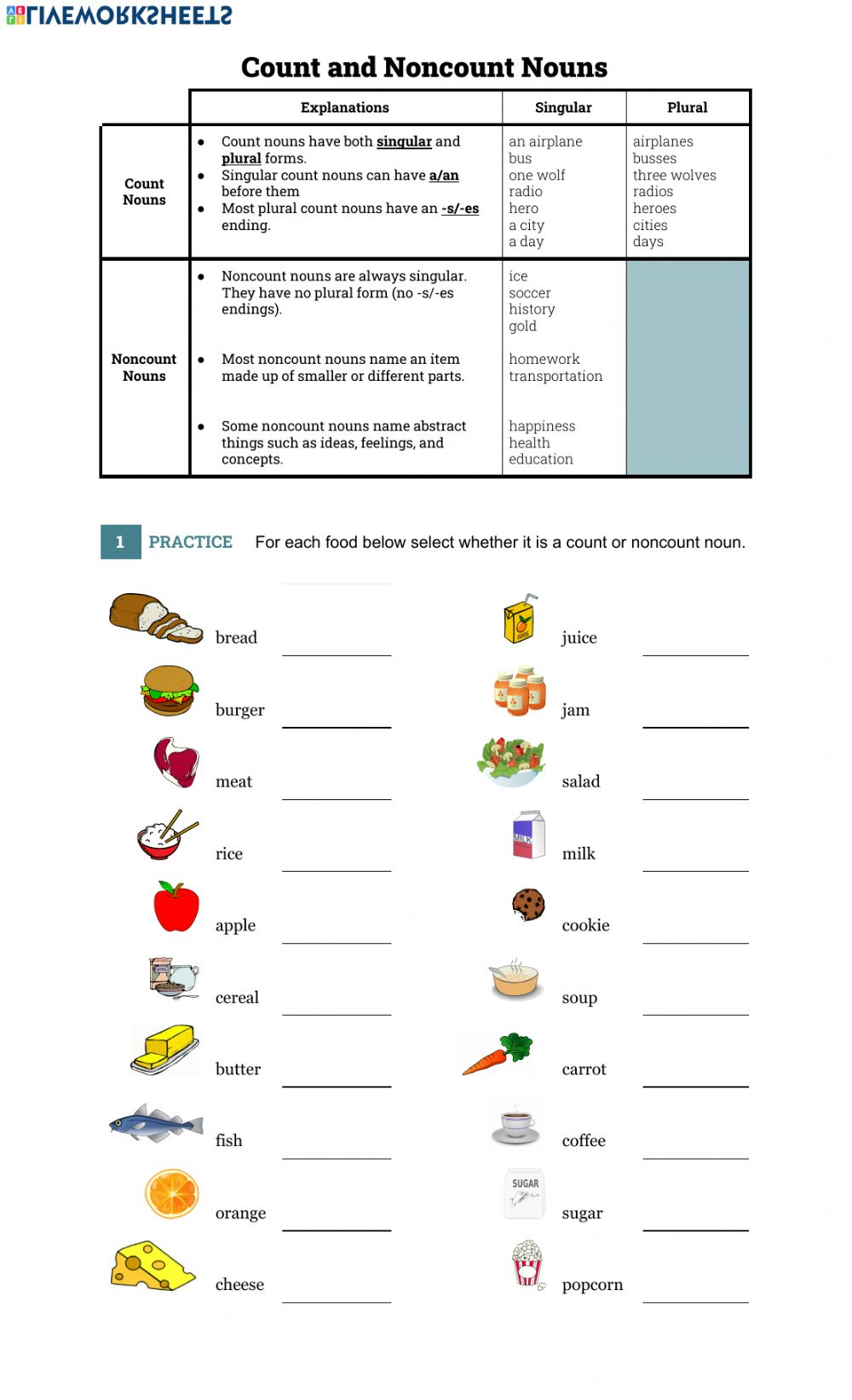 Count And Noncount Nouns Interactive Worksheet