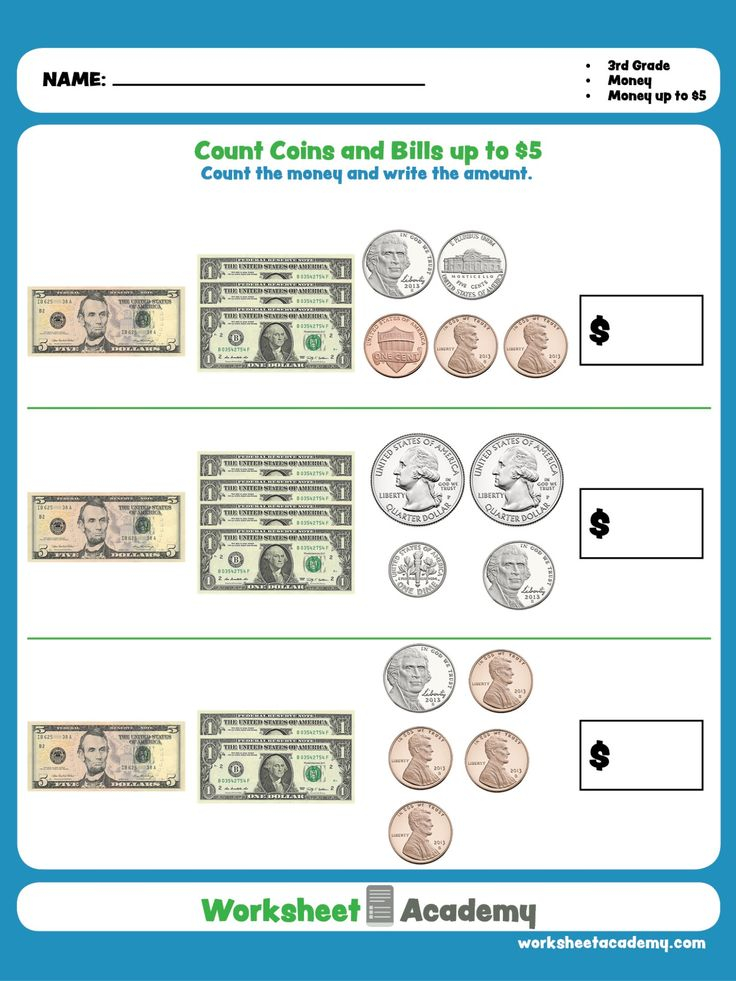 Count Coins And Bills Up To 5 Fun Math Worksheets Third Grade Math 