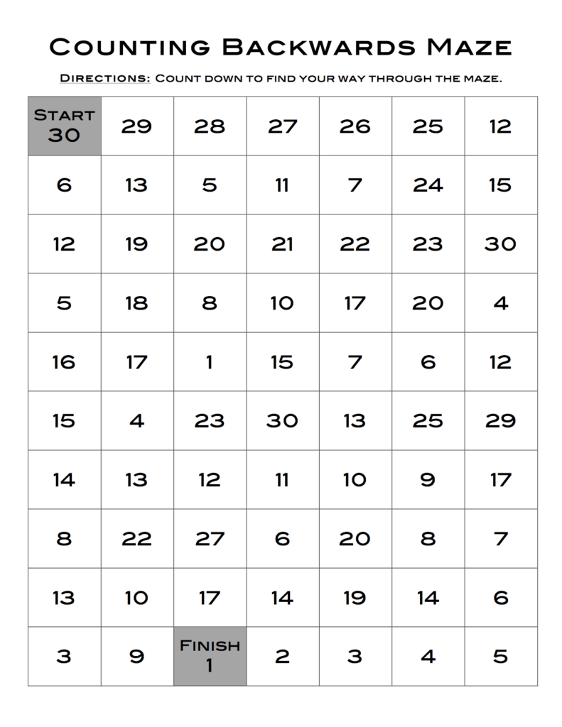 Counting Backwards Maze 30 To 1 1st Grade Math Center 