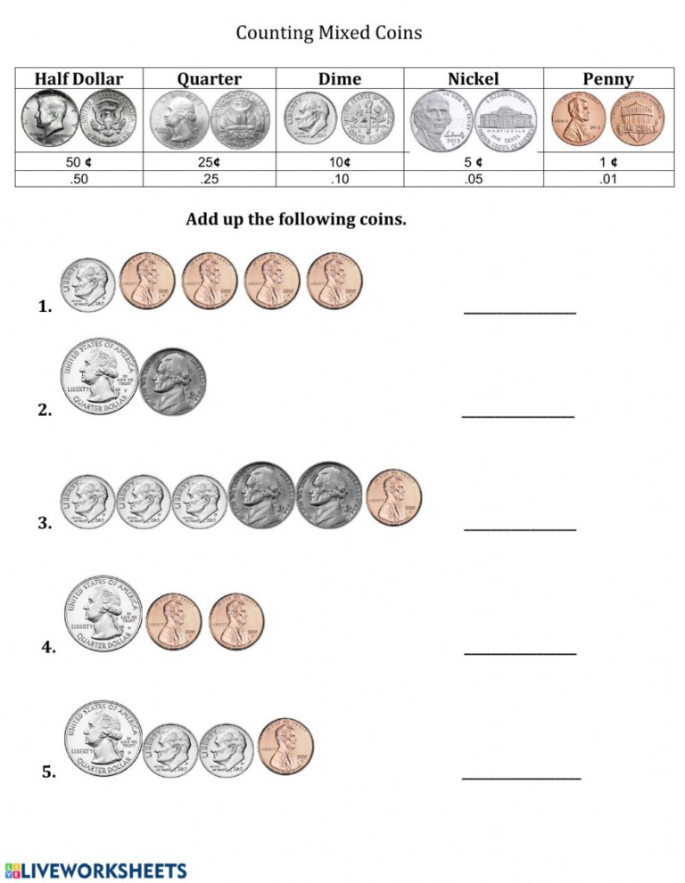 Counting Mixed Coins 1 Worksheet - CountingWorksheets.com