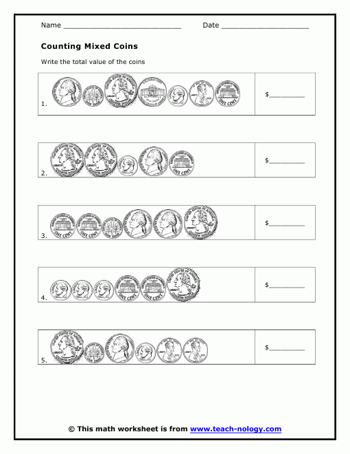  Counting Mixed Coins Worksheet free From Teachnology Money Math 