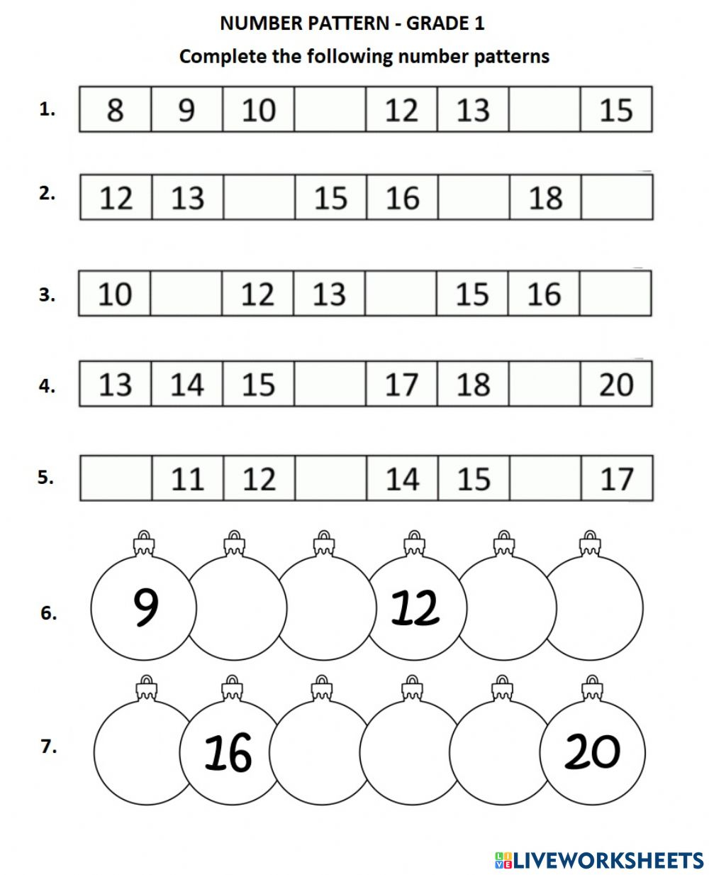 Ejercicio De Number Patterns To 20