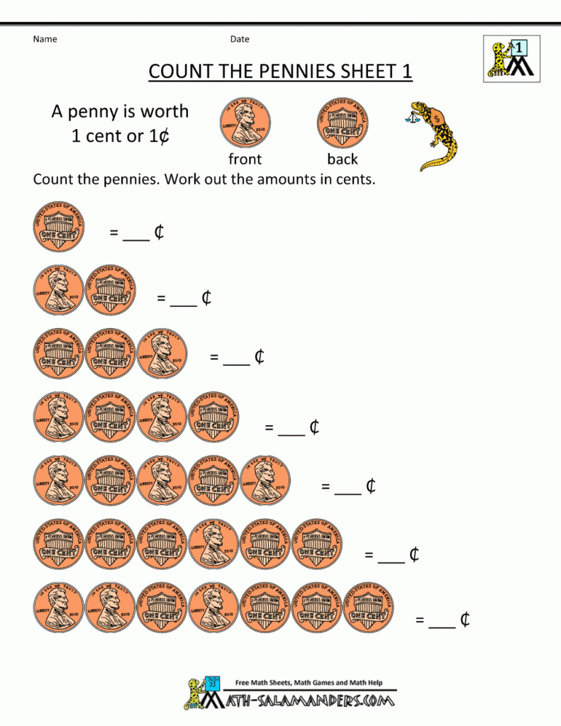 Free Money Math Worksheets Count The Pennies 1