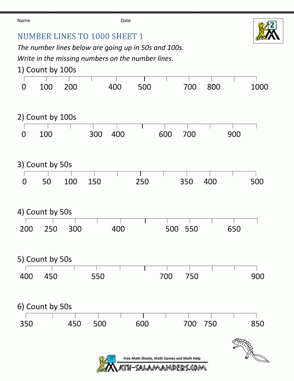 Number Line Worksheets Up To 1000 - CountingWorksheets.com