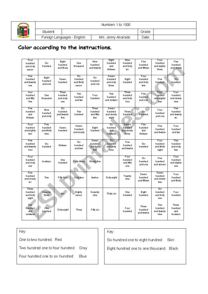 Practice Numbers 1 To 1000 ESL Worksheet By Consu84