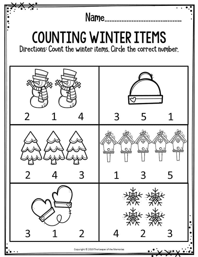 Preschool Worksheets Counting Winter Items The Keeper Of The Memories