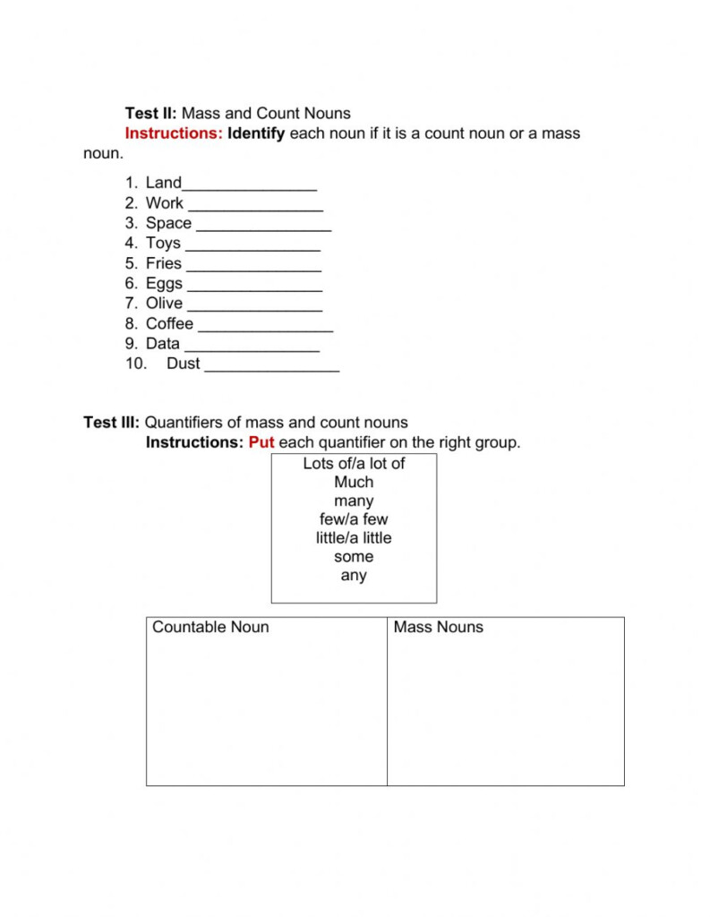 Quantifiers Of Mass And Count Nouns Worksheet