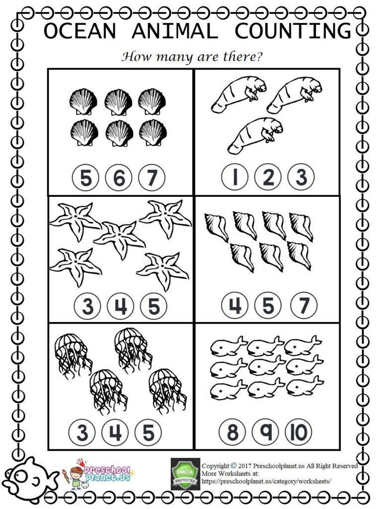 Sea Animal Counting Worksheet For Kindergarten And Preschool 