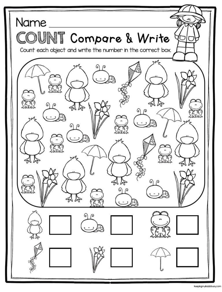 SPRING Count Compare And Write Easy Kindergarten Spring Worksheet ...