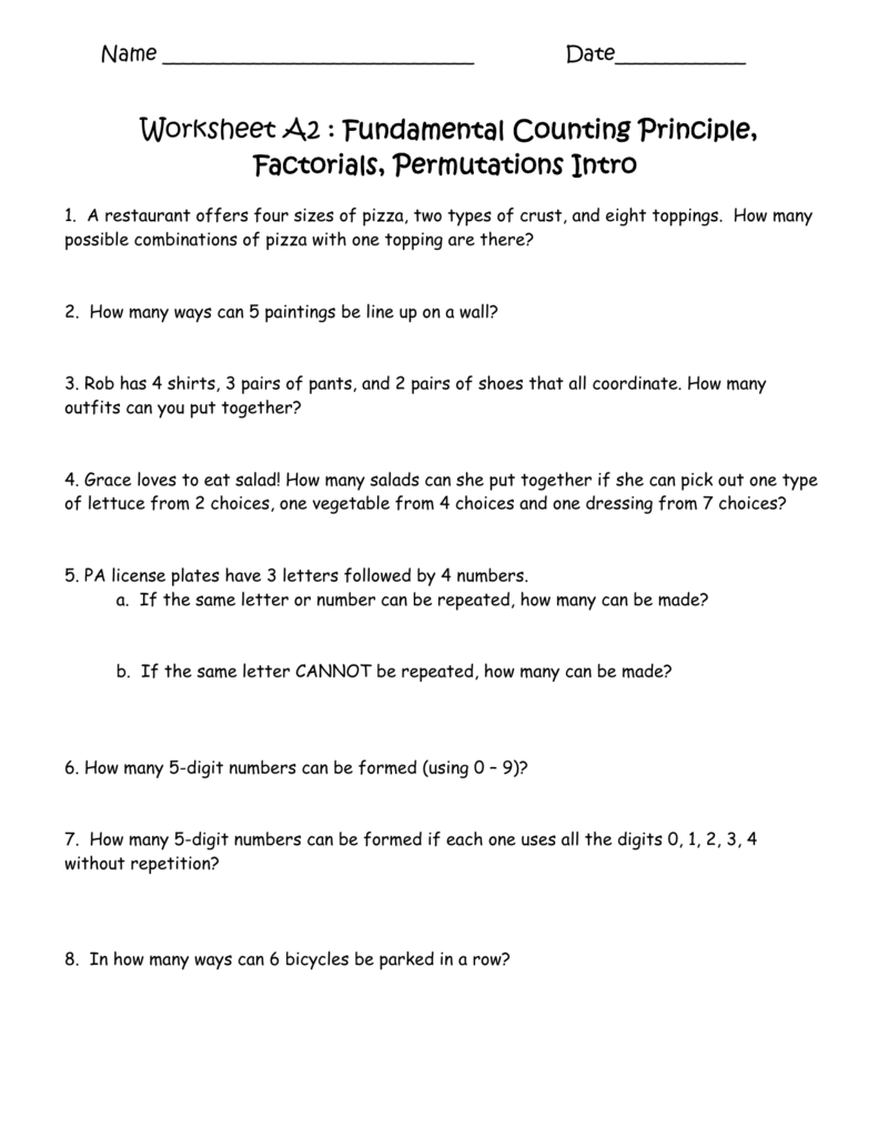 Worksheet A2 Fundamental Counting Principle