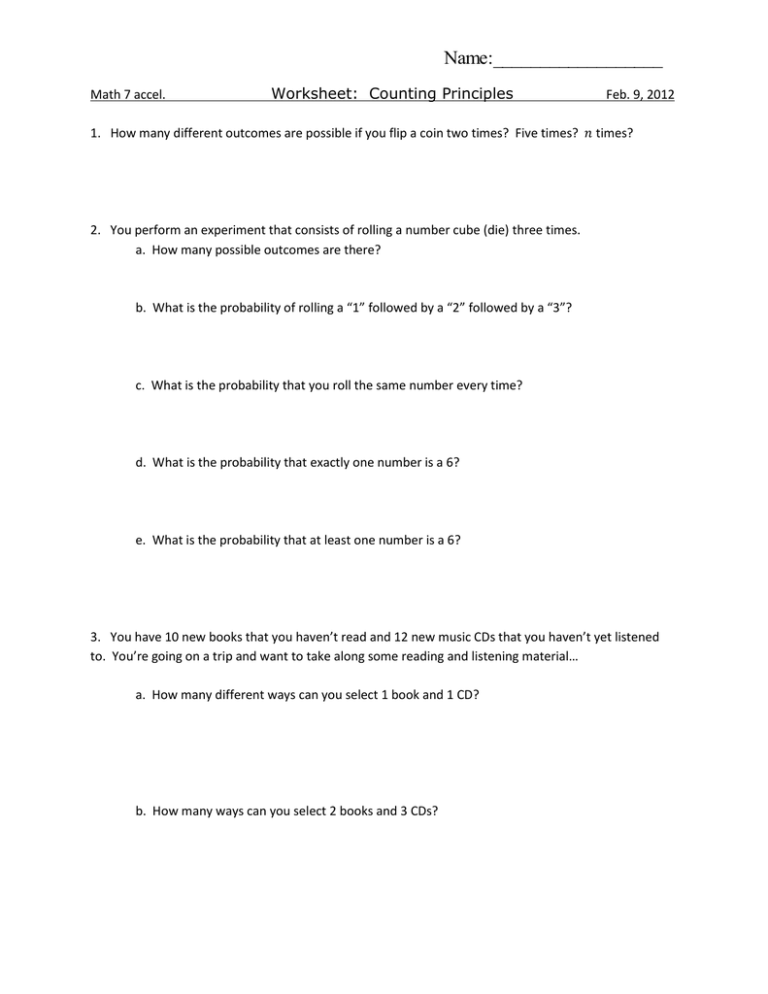 Worksheet Counting Principles