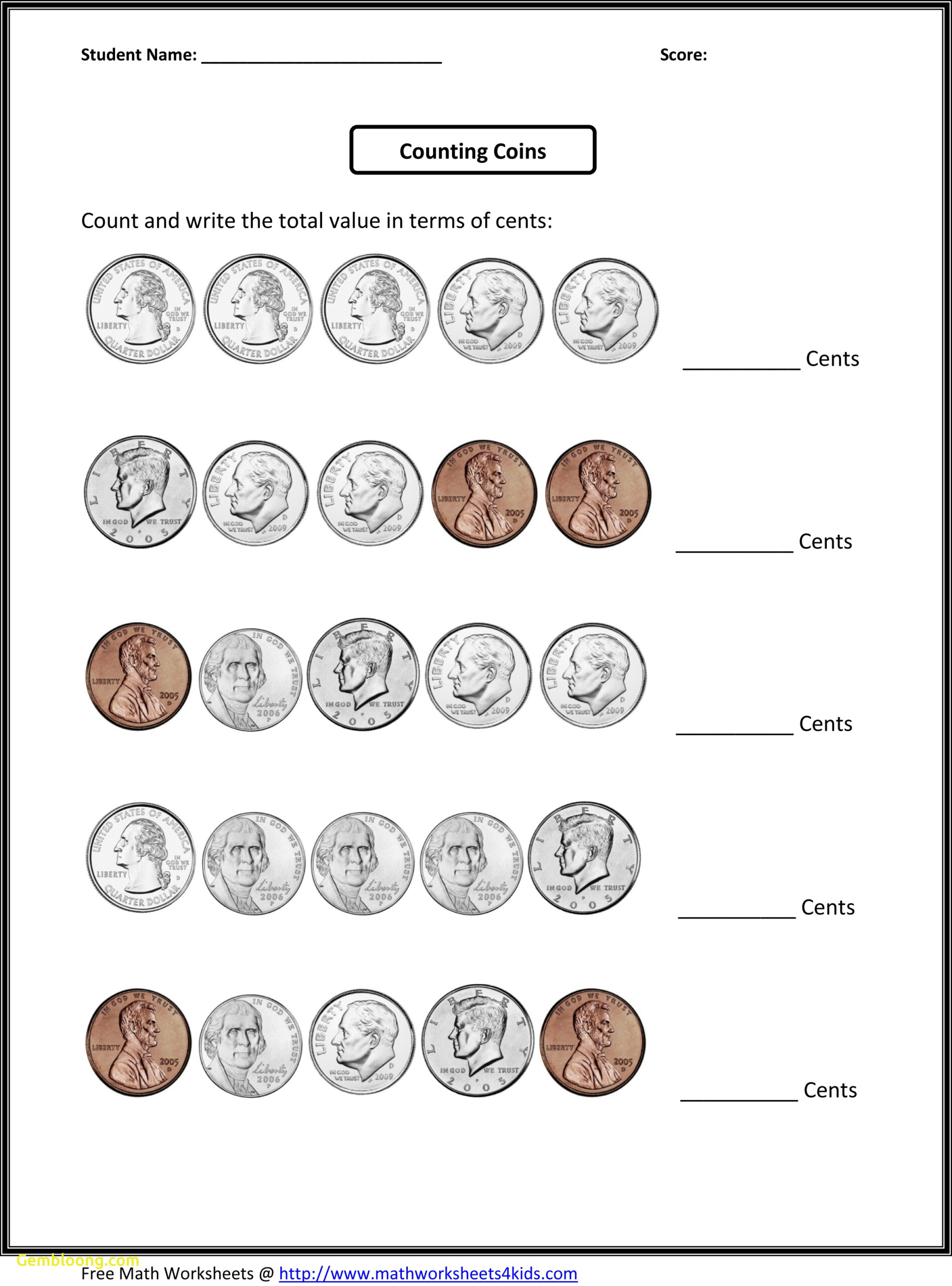 4th Grade Math Printable Worksheet Counting Coins MySchoolsMath