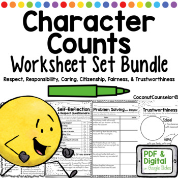 Character Counts Worksheet Sets 72 SEL School Counseling Worksheets