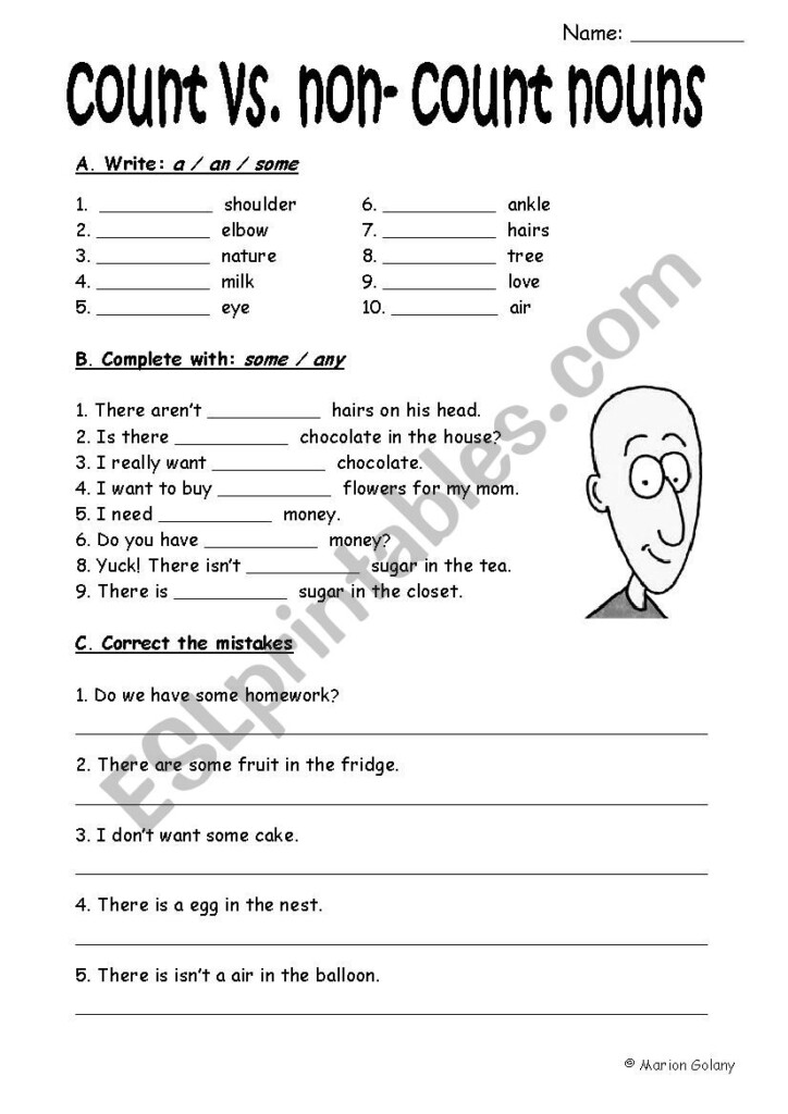 Count And Non Count Nouns A an some any ESL Worksheet By MarionG