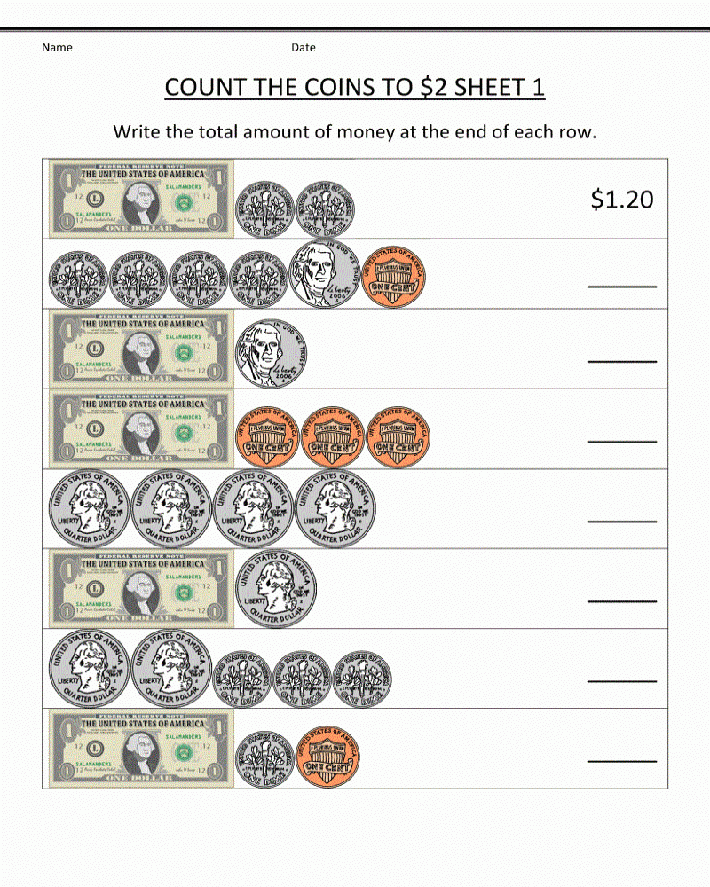 Count The Coins To 2 2Nd Grade Worksheets Printable Math Worksheets 