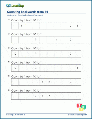 Counting Backwards Worksheets For Preschool And Kindergarten K5 Learning