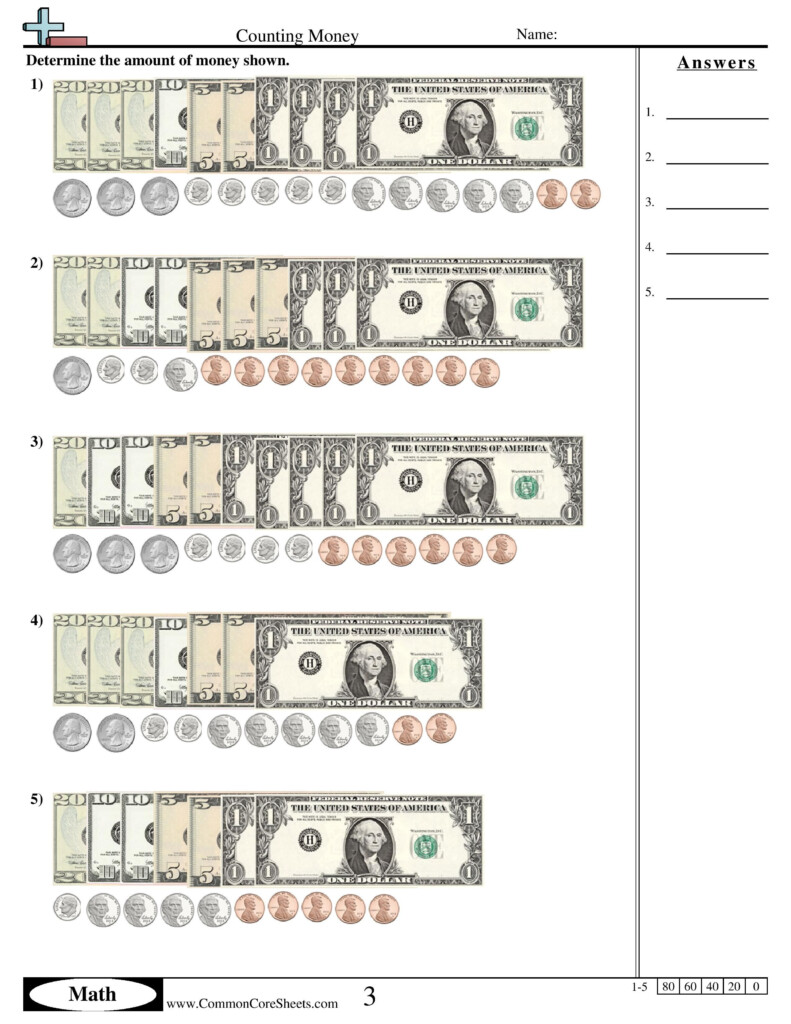 Counting Coins And Bills Worksheets