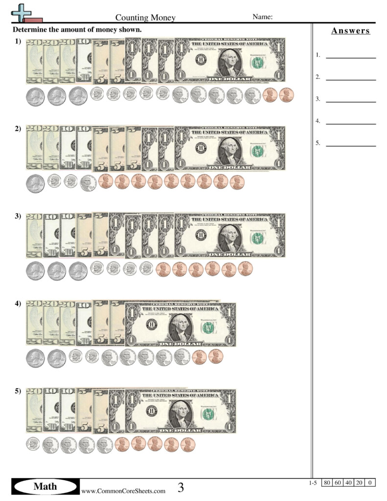 Free Counting Dollar Bills Worksheets - CountingWorksheets.com