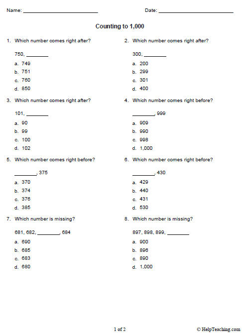 Counting To 1000 Worksheets