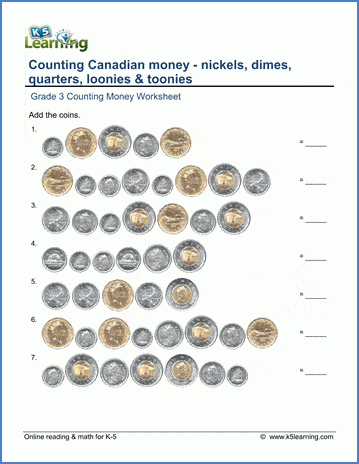 Grade 3 Money Worksheet Counting Canadian Coins K5 Learning