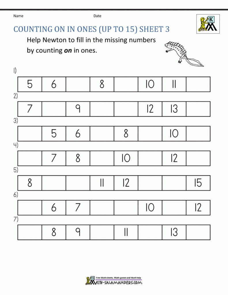 Kindergarten Counting Worksheet Sequencing To 15